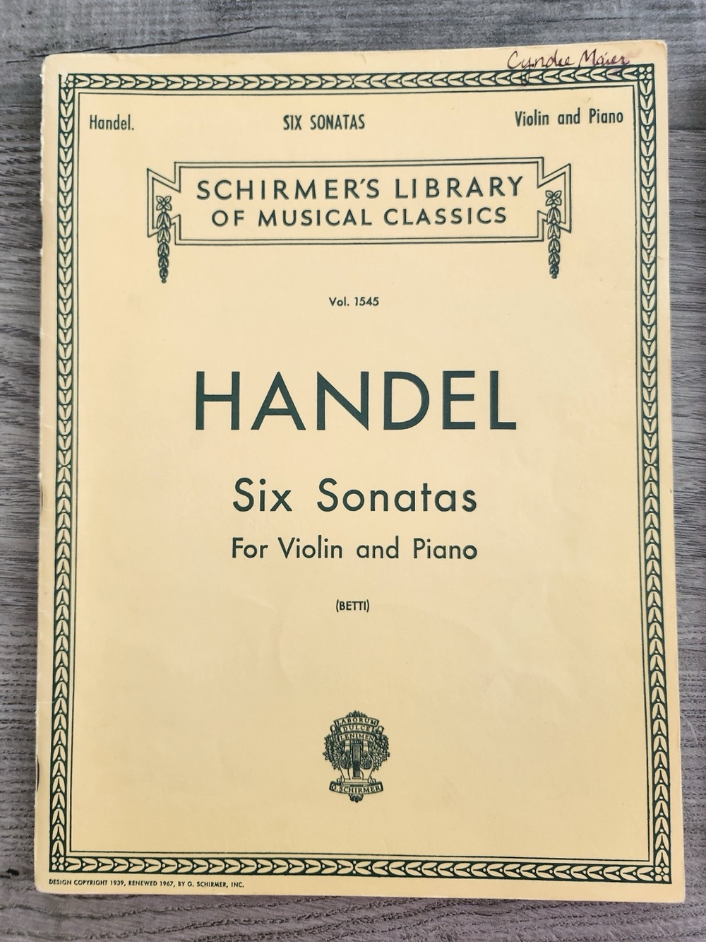 Schirmer Handel Six Sonatas for Violin and Piano  Vol 1545 Sheet Music Classical